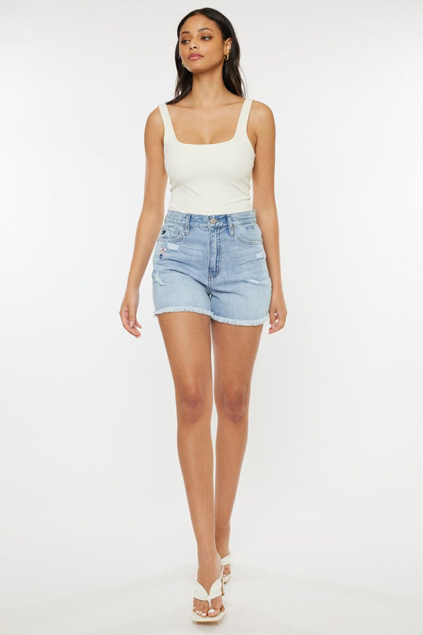 The Jackie - High Rise Flower Embroidery Detail Kancan Denim Shorts