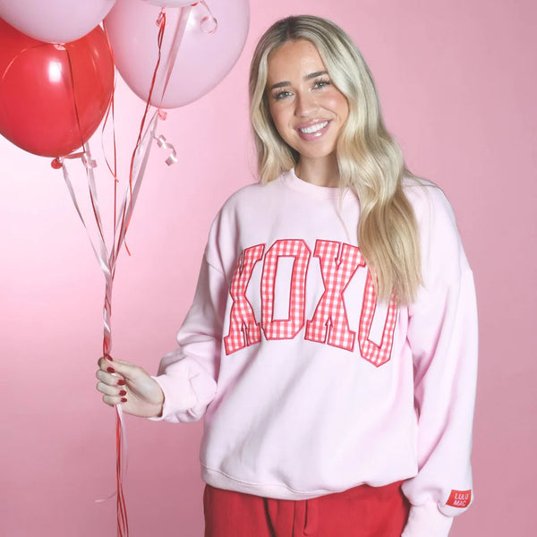 XOXO Red Gingham on Baby Pink Sweatshirt | LULU MAC