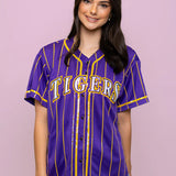 LSU Tigers Pinstripe (Licensed) | Women's Sequin Embroidery Baseball Jersey