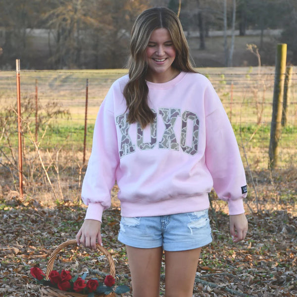 XOXO Camo on Baby Pink Sweatshirt | LULU MAC