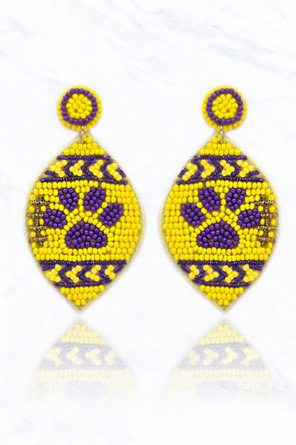 Purple Yellow Tigers Football with Paw Post Earrings