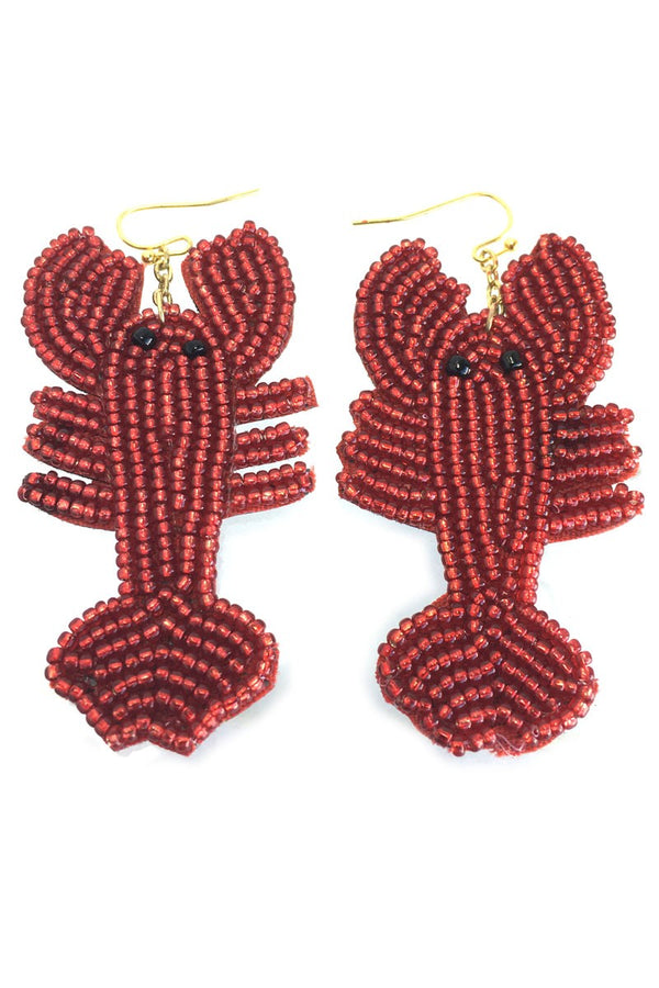 Red Seed Bead Crawfish Dangle Hook Earrings
