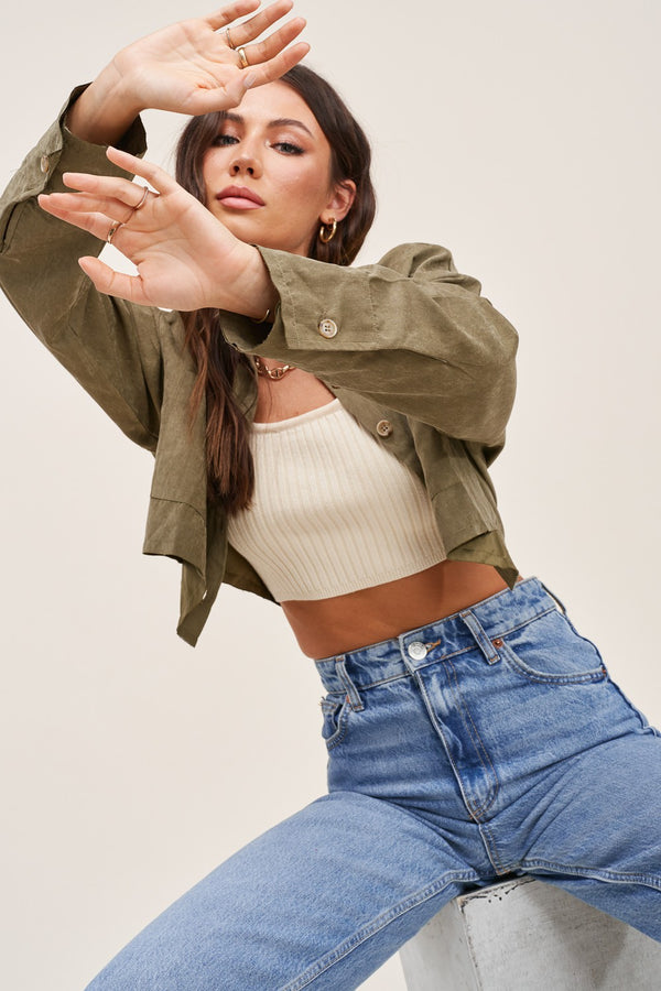 I'm On It Olive Cropped Jacket Top