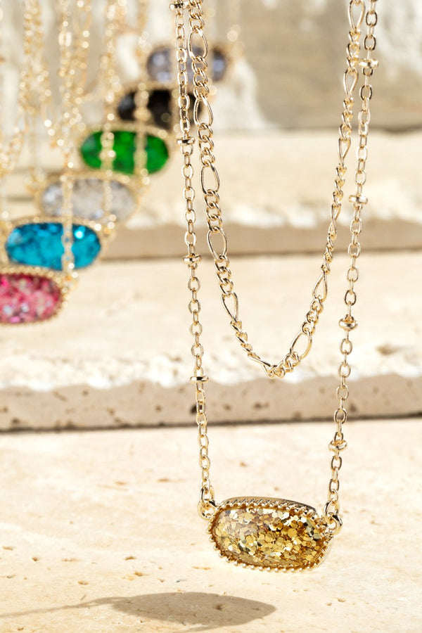 Layered Glitter Faux Stone Pendant Necklace