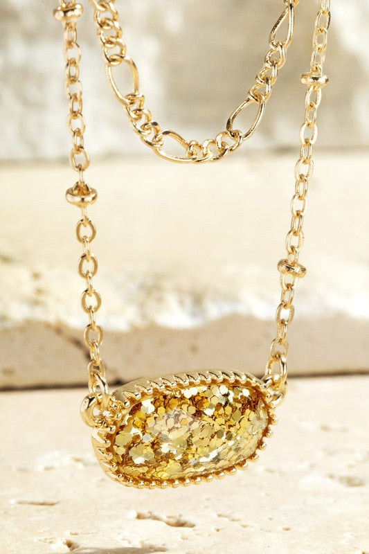 Layered Glitter Faux Stone Pendant Necklace