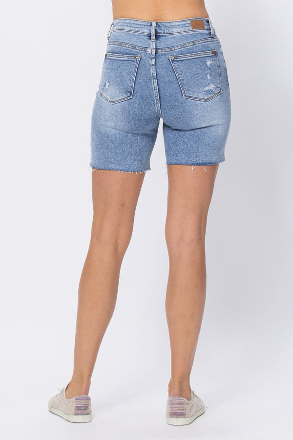 Judy Blue High Mid Length Denim Patch Shorts