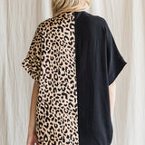 Half and Half Leopard and Black Color Block Top