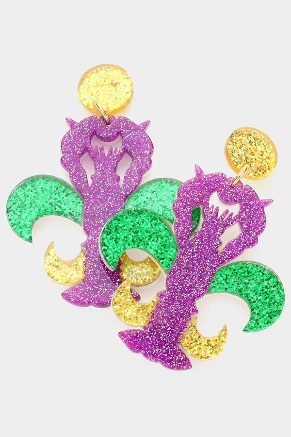 Mardi Gras Glittered Resin Dangle Earrings