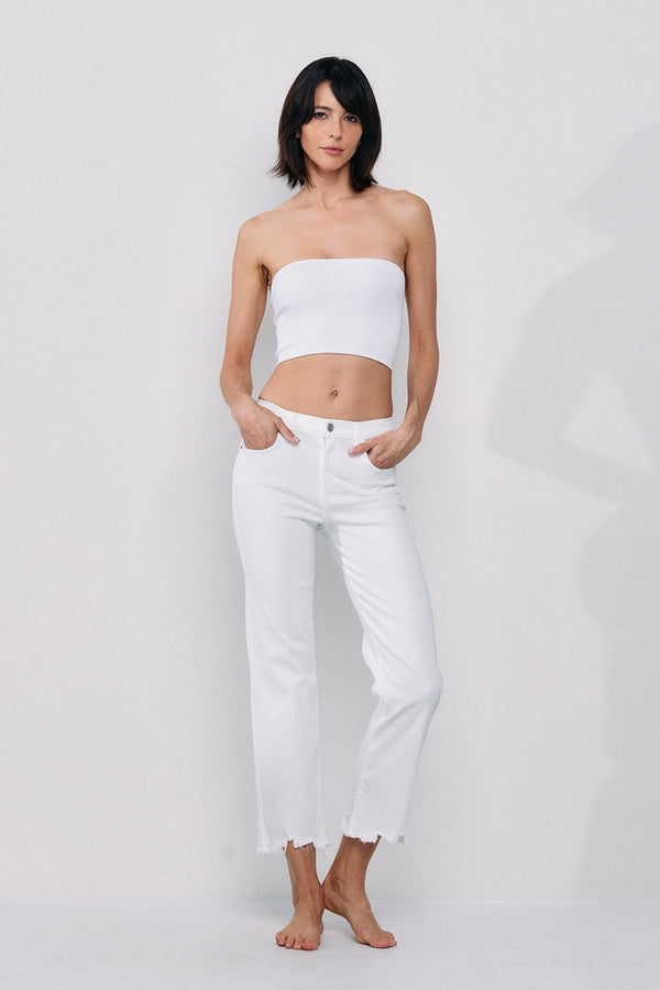 The Maria Jeans - Midrise Kick Flair with Fray Hem White Denim