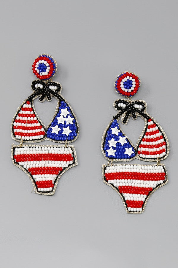 American Flag Bikini Seed Beaded Earrings