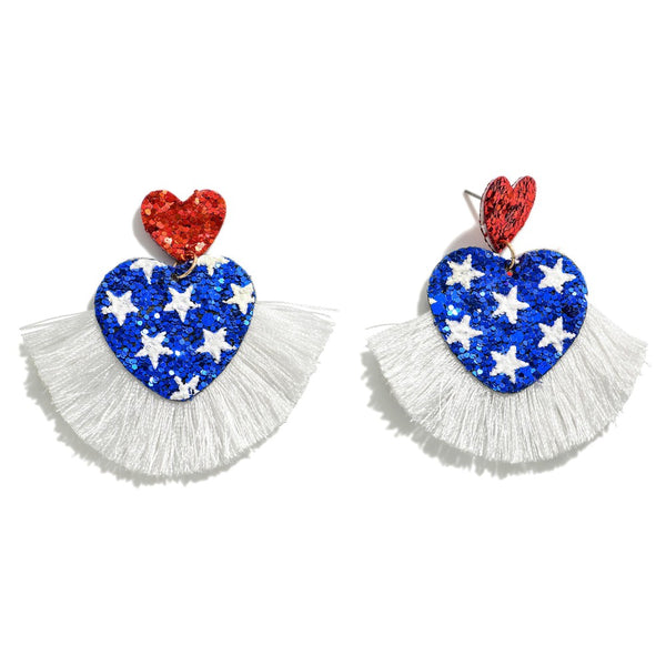 Americana Glitter Heart Drop Earrings With Tassel Detail - Two Colors