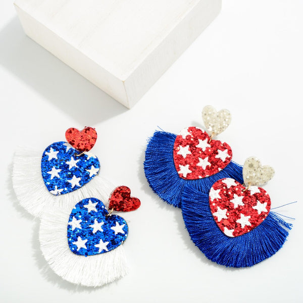 Americana Glitter Heart Drop Earrings With Tassel Detail - Two Colors