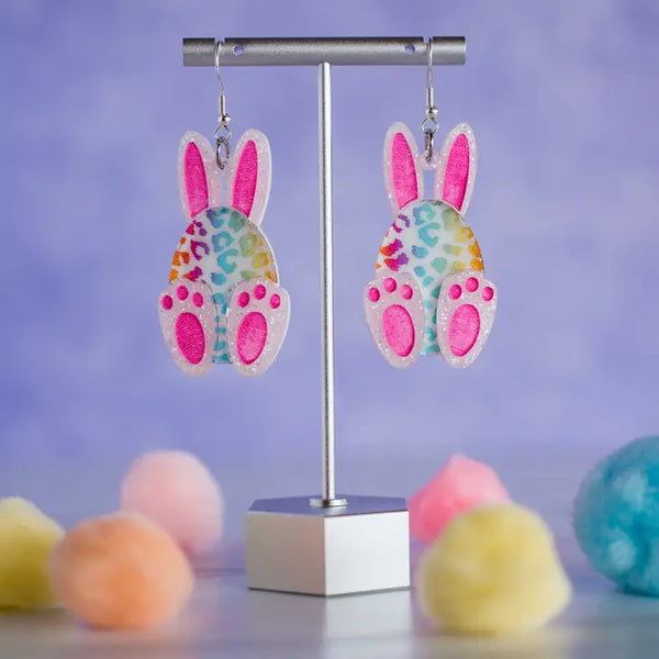 Hand Painted Pastel Rainbow Leopard Egg Easter Bunny Dangles