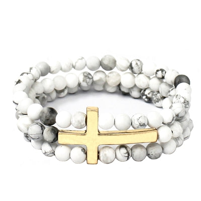 White Natural Stone and Gold Three Row Cross Stretch Bracelet