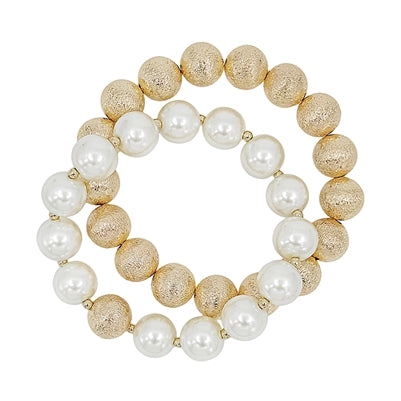 Gold Textured Beaded and Pearl Set of 2 Stretch Bracelet
