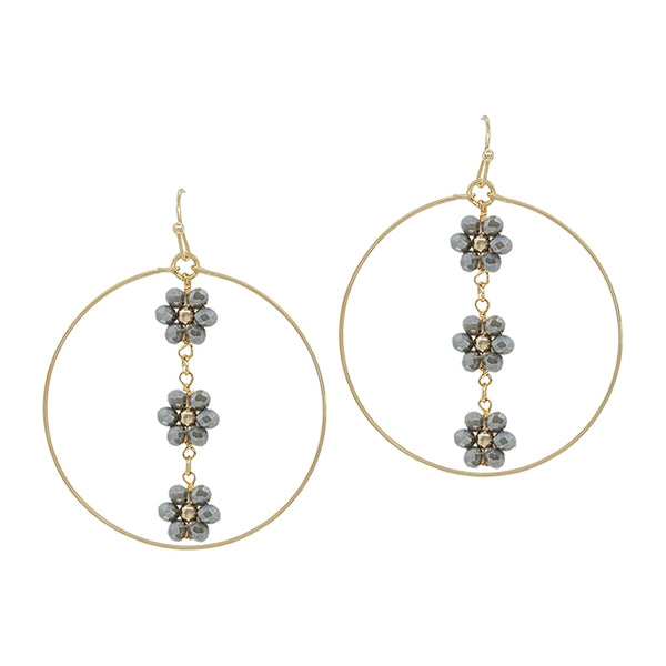 Gold Open Circle with Crystal Flower 2" Earring