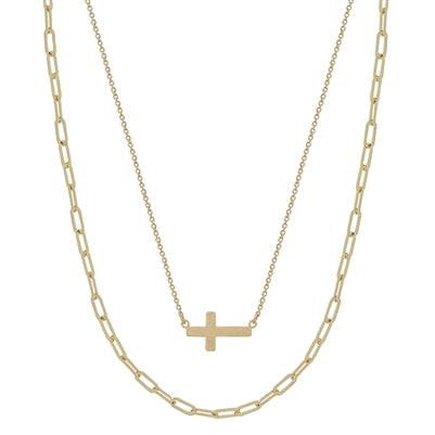 Matte Small Sideways Cross Layered 16"-18" Necklace - Gold or Silver