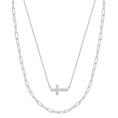 Matte Small Sideways Cross Layered 16"-18" Necklace - Gold or Silver