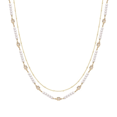 Gold Chain Layered with Pearl and Clear Crystal 16"-18" Necklace