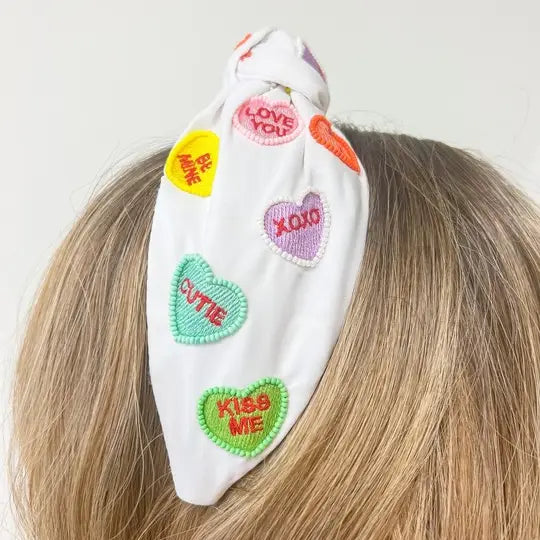 Heart Embroidered Headband - White