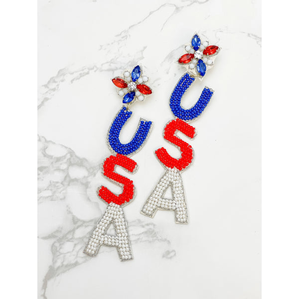 USA Patriotic Beaded Dangle Earrings