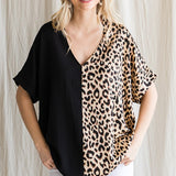 Half and Half Leopard and Black Color Block Top