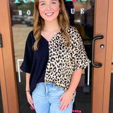 Half and Half Leopard and Black Color Block Top