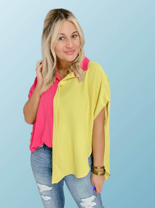 Strawberry Lemonade Pink and Yellow Button Down Blouse