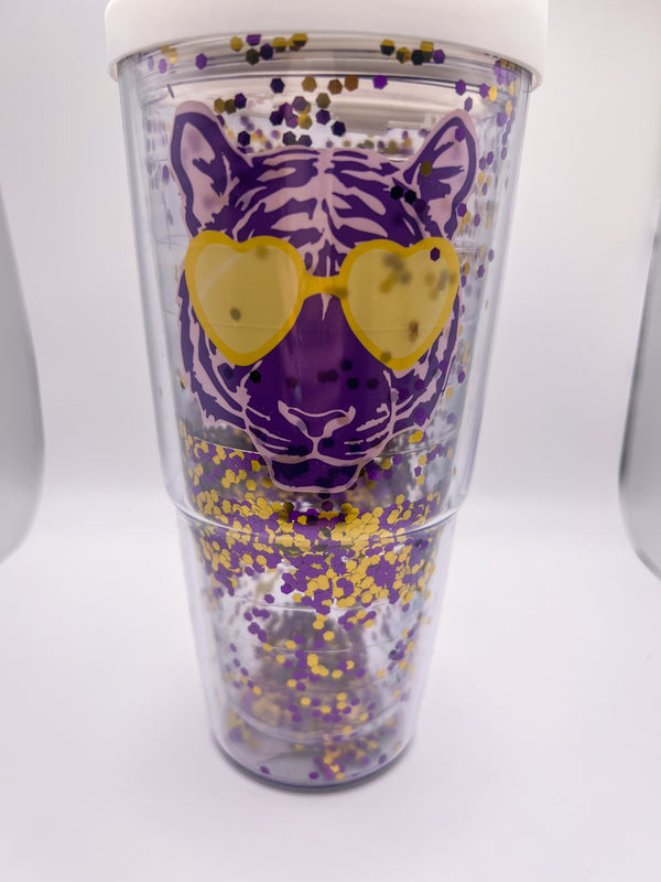 Tiger Head Purple and Gold Confetti Double Walled Acrylic Tumbler