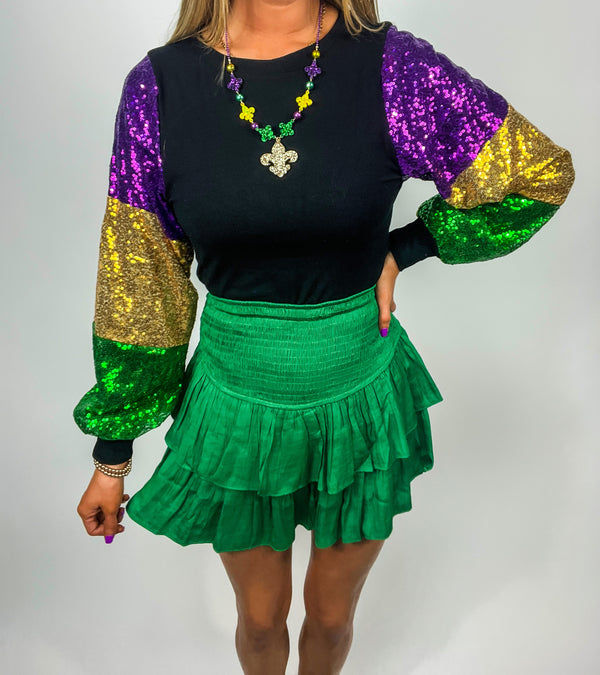 Mardi Gras Color Block Sequin Sleeve Top