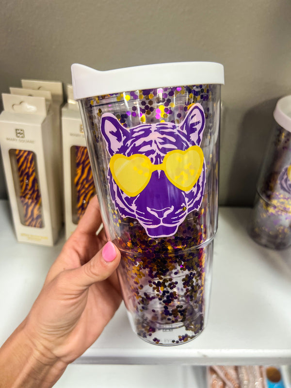 Tiger Head Purple and Gold Confetti Double Walled Acrylic Tumbler