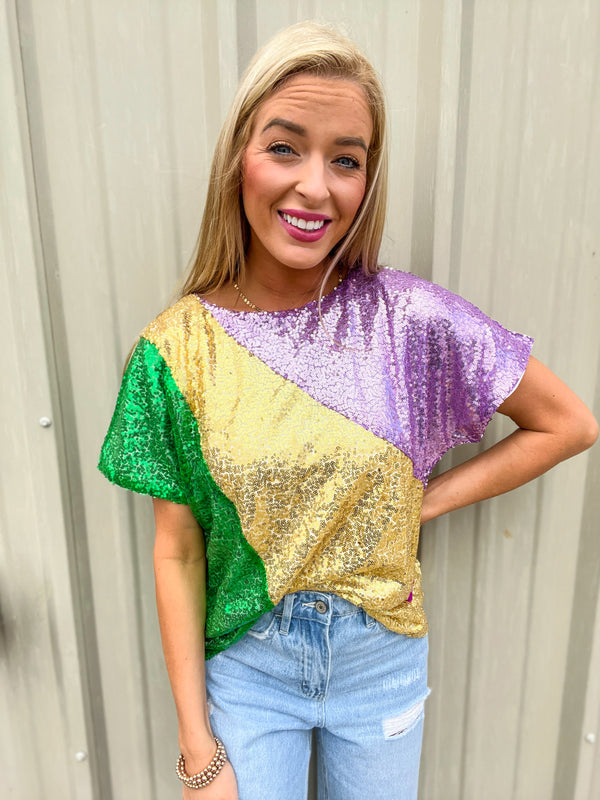 Ready to Roll Mardi Gras Sequin Top